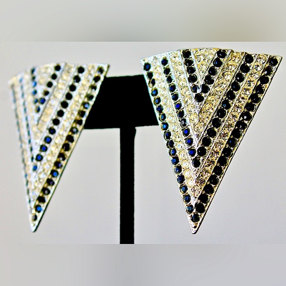 TARA EARRINGS CLIP ON VINTAGE SILVER BLACK CLEAR CRYSTAL SAMPLE 90’s PYRAMID - Picture 2 of 5